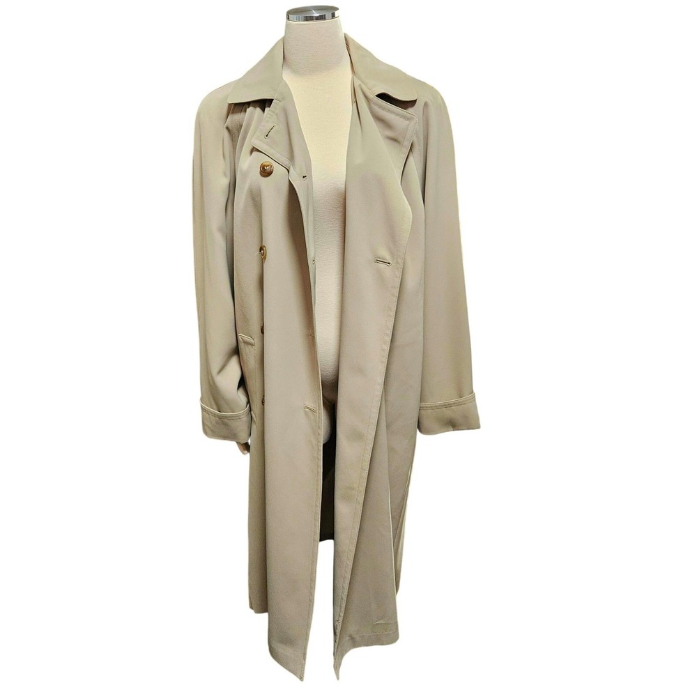 Gallery Women's Beige Hooded Long Trench Coat Double Breasted Size 14 - Picture 2 of 9